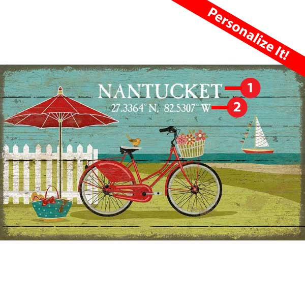 Personalize this wood sign of bike on a Nantucket beach