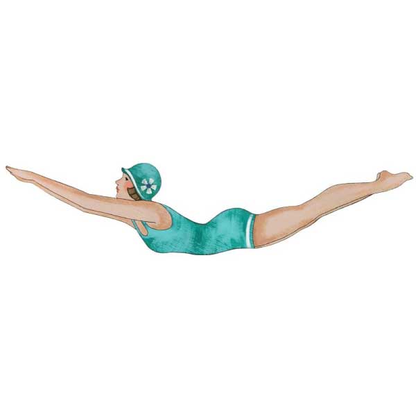 Vintage image of girl in aqua swimsuit diving into the water; art is cutout to shape of girl