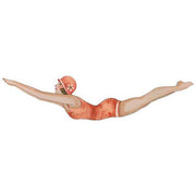Vintage image of girl in orange swimsuit diving into the water; art is cutout to shape of girl