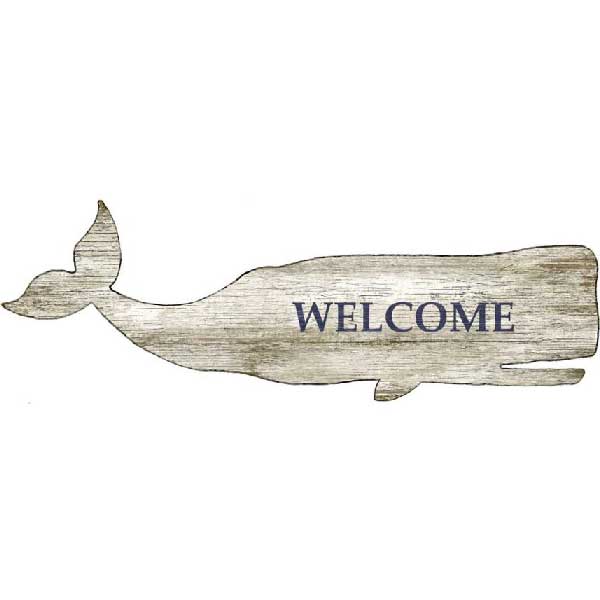 welcome sign in the shape of a whale; wood board