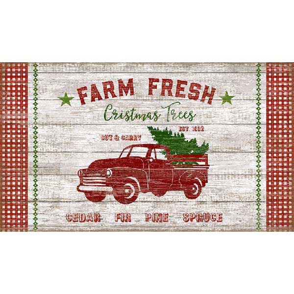 Christmas Tree Farm vintage wood sign with old Red pickup truck