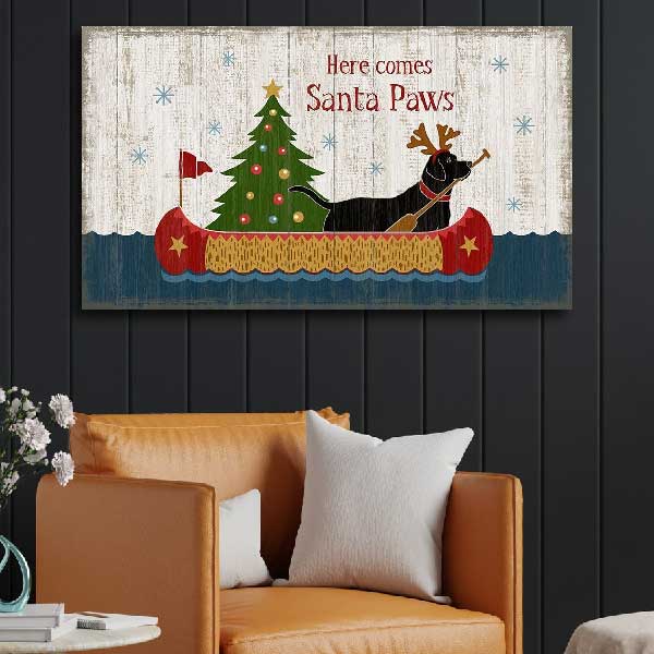 Christmas wall art with dog in a canoe - Santa Paws