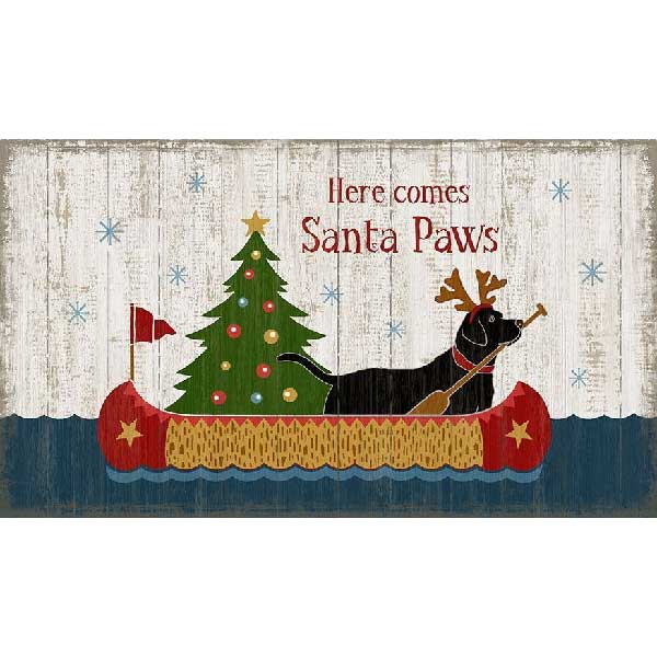 old wood sign with Christmas dog in a canoe - Santa Paws