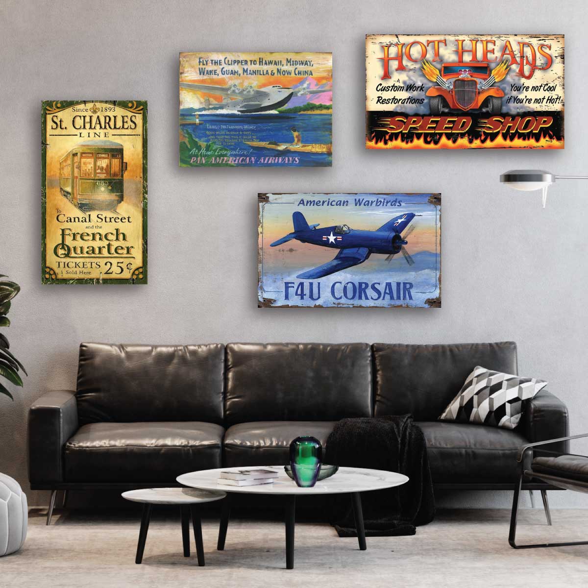 Transportation themed wall art - cable car, Pan Am Clipper, hot rod car, and airplane vintage wood signs