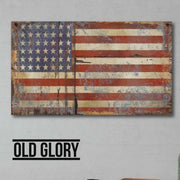 Old Glory US Flag on distressed wood boards; animated text