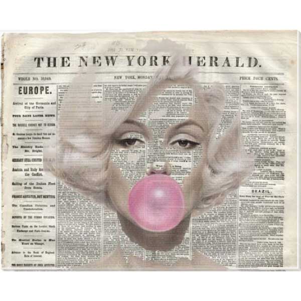 modern art wood sign of newspaper with pink bubblegum; depth