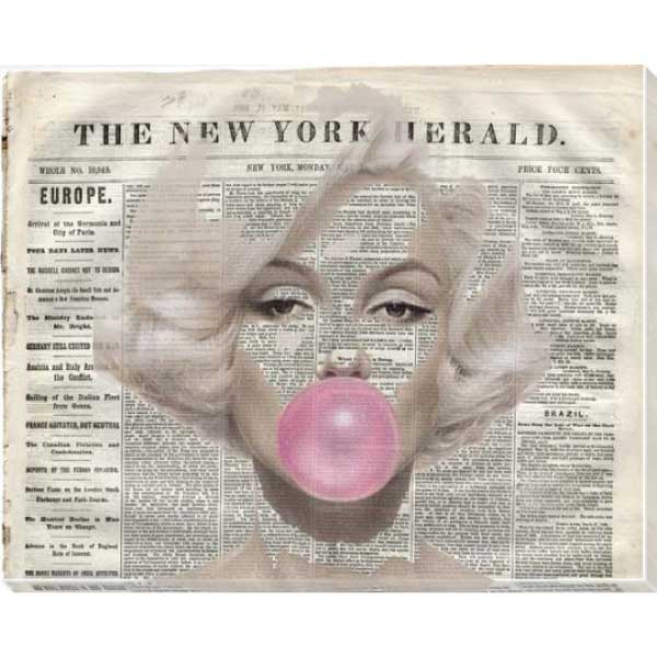 modern art wood sign of newspaper with pink bubblegum; canvas print