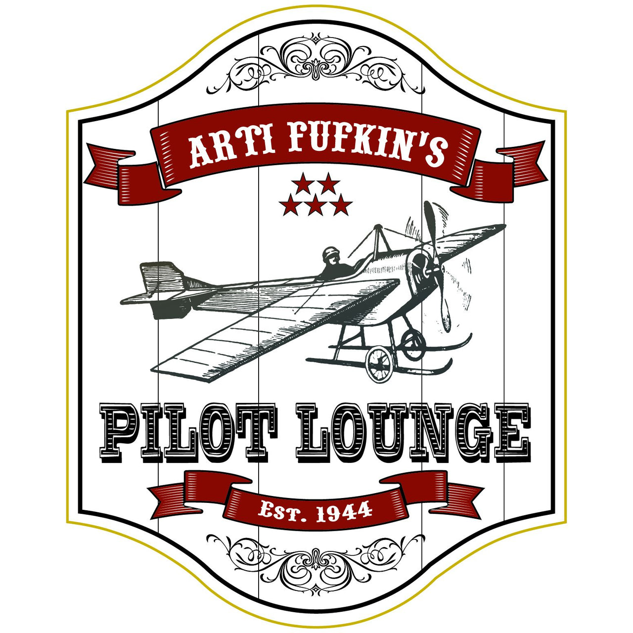 White vintage wood sign cut to shape; personalized Pilot Lounge with est. date; image of early airplane
