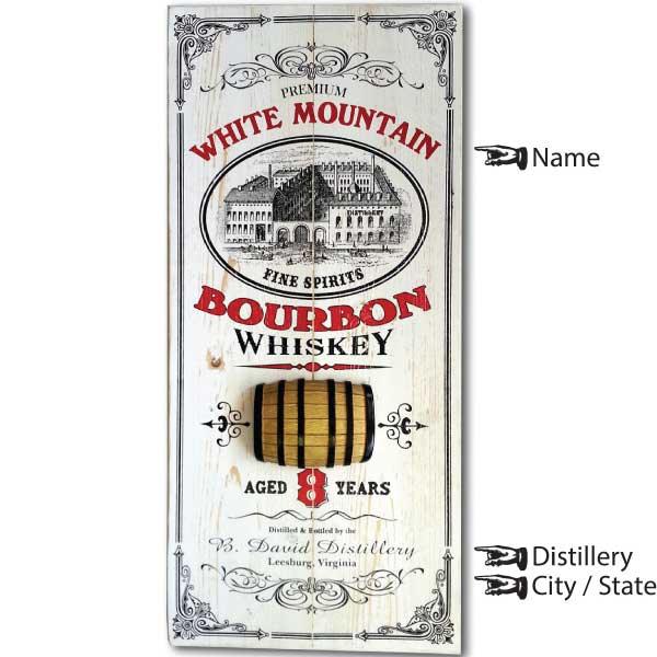 White Mountain Bourbon Whiskey old wood sign with 3D relief and personalization