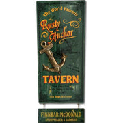 vintage wood sign for The Rusty Anchor Tavern; Sea dogs welcome; green with yellow text
