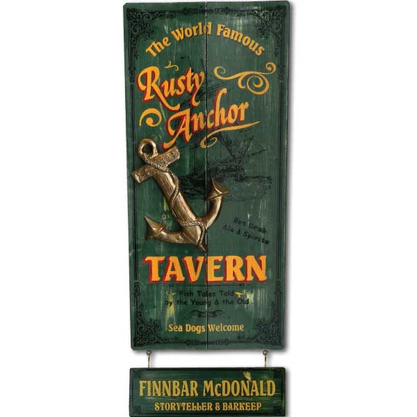 vintage wood sign for The Rusty Anchor Tavern; Sea dogs welcome; green with yellow text