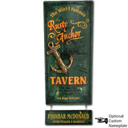 vintage wood sign for The Rusty Anchor Tavern; Sea dogs welcome; customizable nameplate hanging from bottom of sign