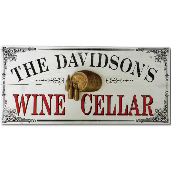 vintage wood sign for The Davidson's Wine Cellar. White with black border