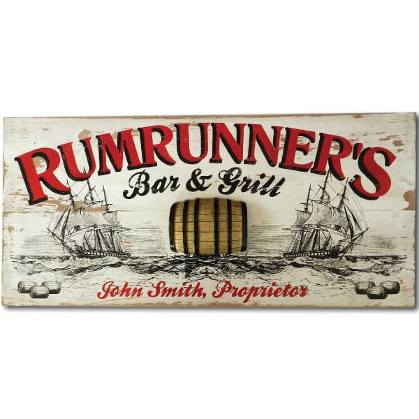 Rumrunner's Bar & Grill vintage wood sign with 3D relief