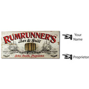 customizable Rumrunner's Bar & Grill vintage wood sign with 3D relief of rum barrel