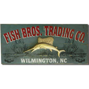 Fish Bros. Trading Co Vintage wood sign with three mast sailing ships and sailfish 3D relief