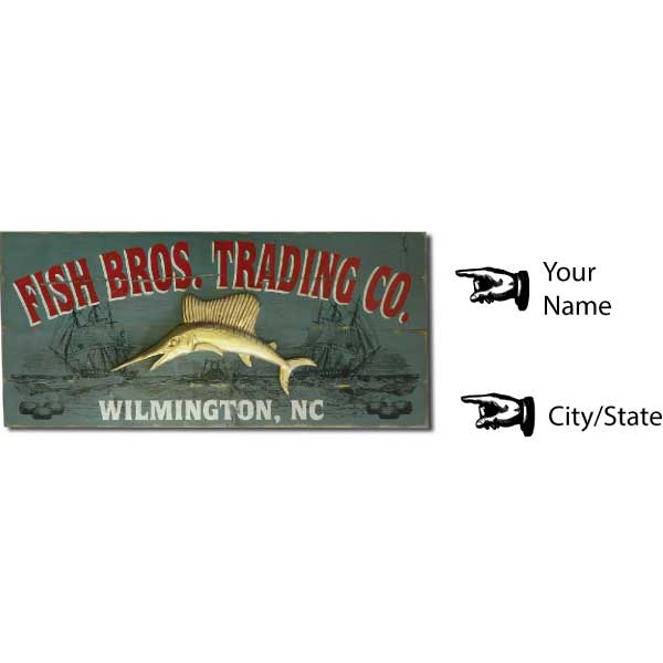 customizable Fish Bros. Trading Co Vintage wood sign with three mast sailing ships and sailfish 3D relief