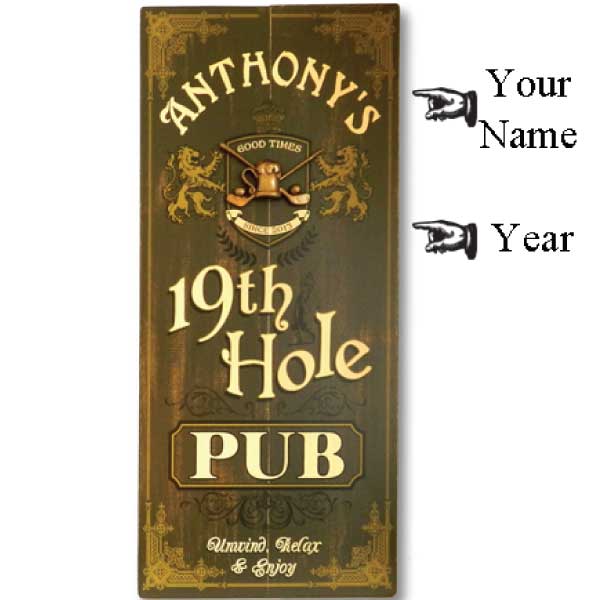 Golf 19th Hole Pub vintage wood sign with 3D relief and customizable name and year