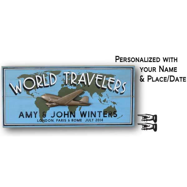 customizable Wood sign for World Traveler with world map and 3D relief of a DC3 airplane