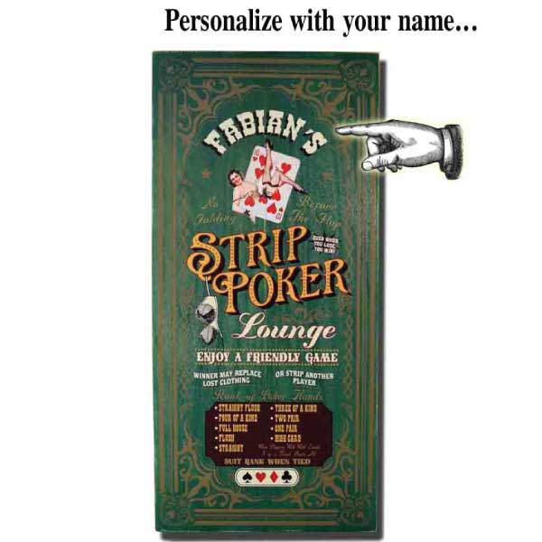 fun wood sign for the Strip Poker Lounge; 10 of hearts; personalize the name