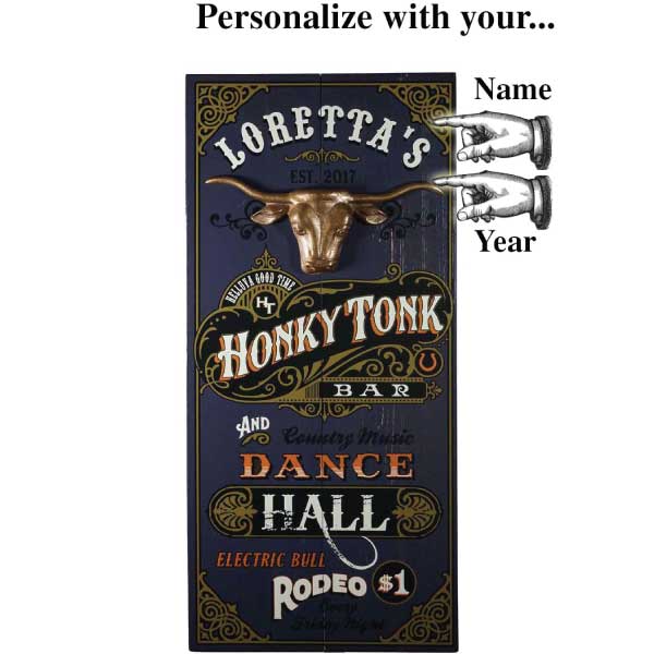 Customizable Honky Tonk Bar and Dance Hall vintage wood sign with 3D relief of a longhorn