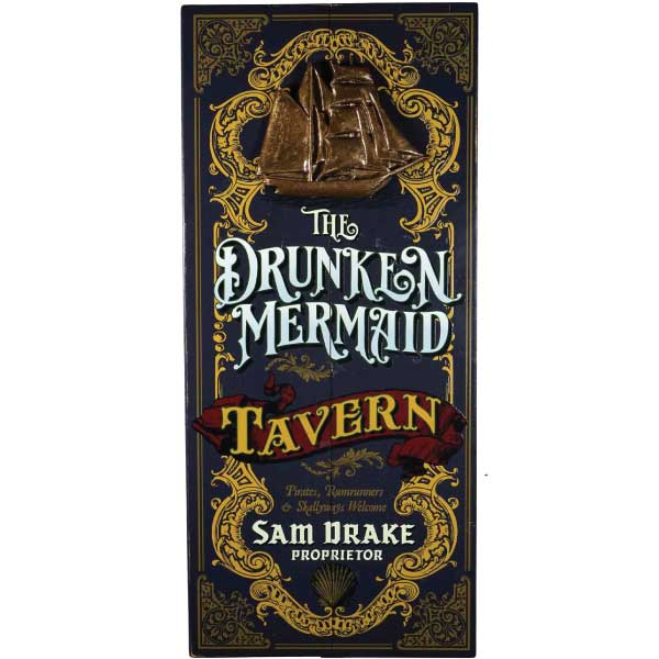 Wood wall art for The Drunken Mermaid Tavern with 3D relief of a sailing ship