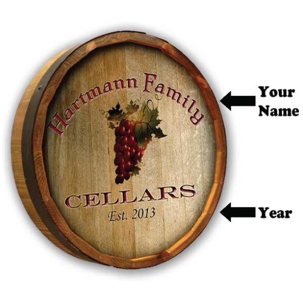 Cellars Barrel Wall Art | Wine | Red Grapes | Customize with Family Name