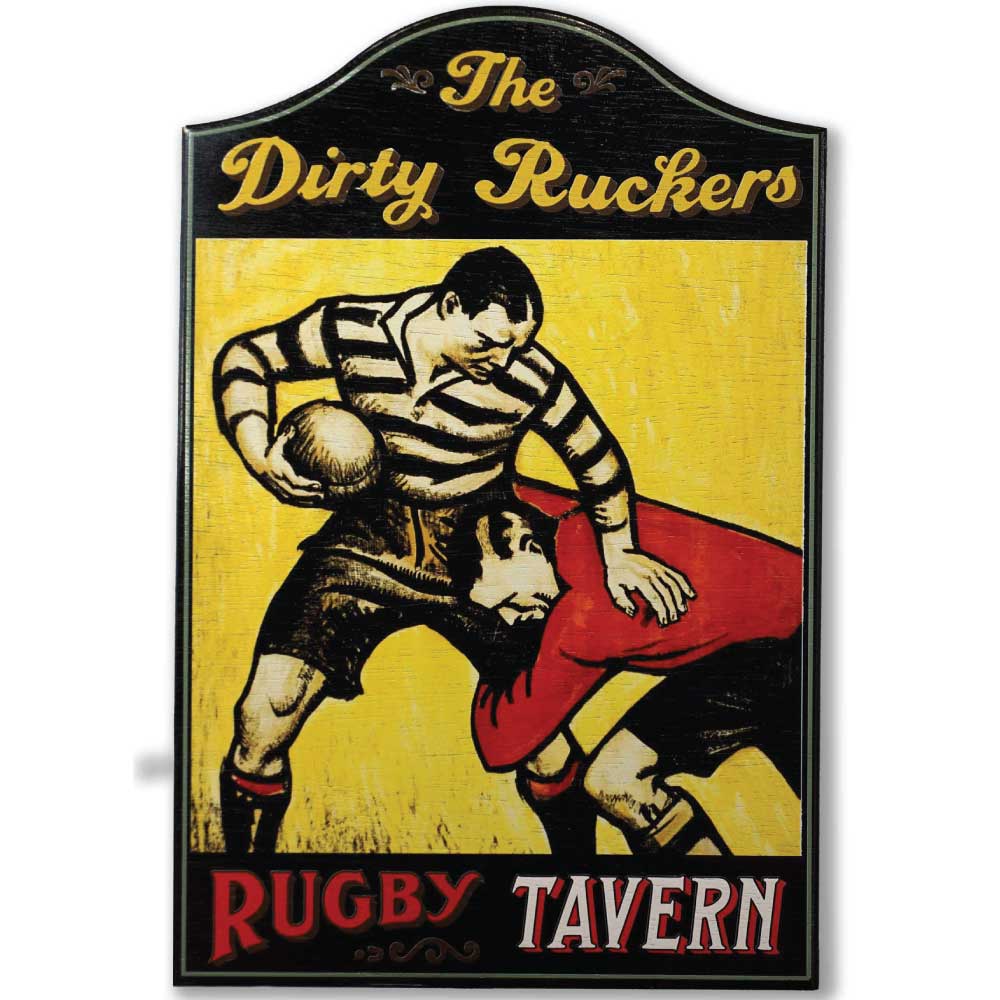Pub sign for The Dirty Ruckers Rugby Tavern