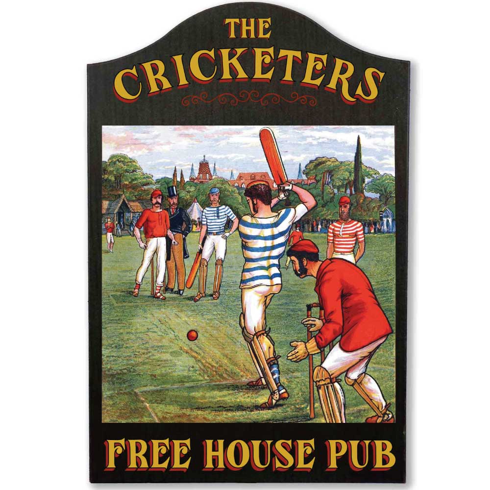 The Cricketers Free House Pub vintage wood sign