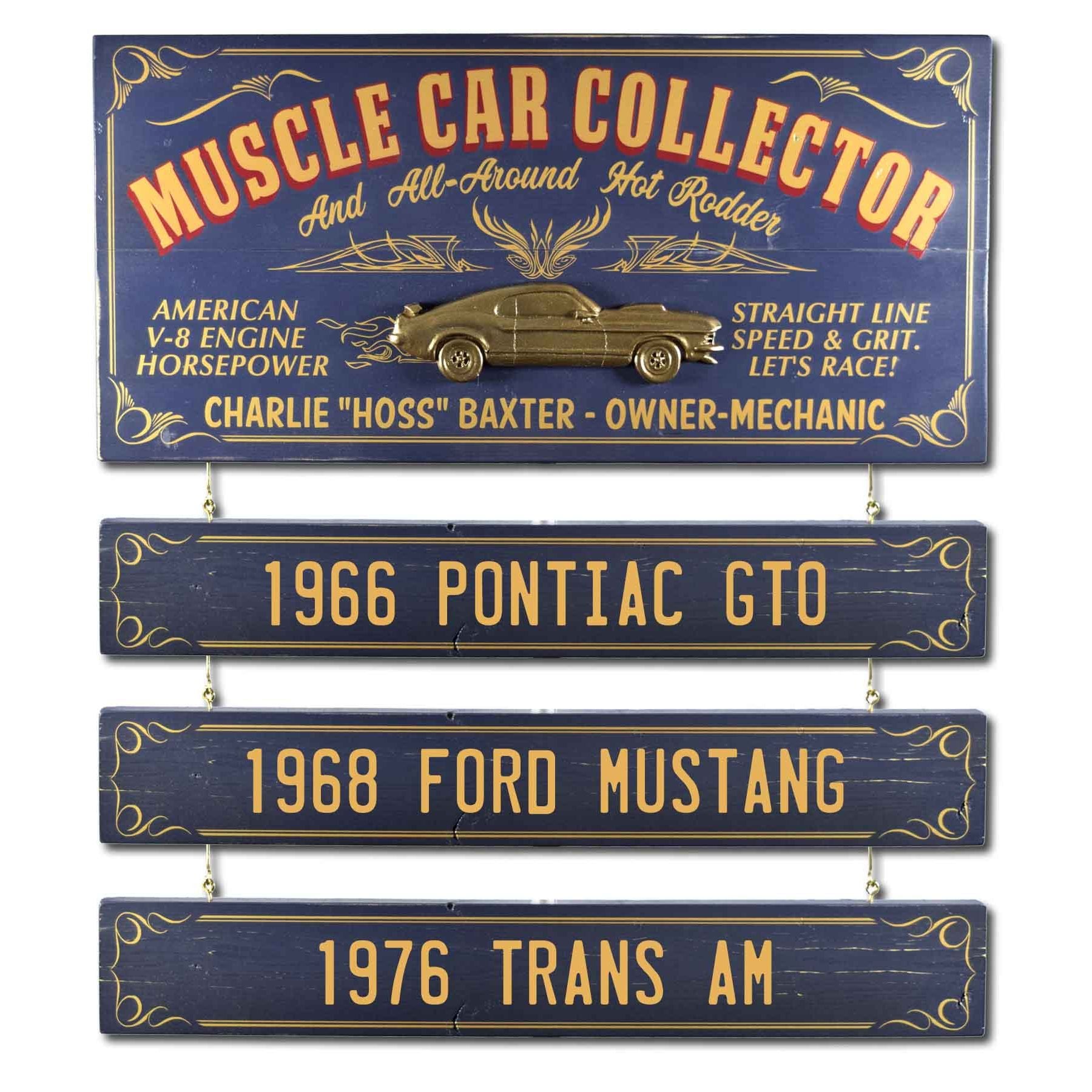 Blue and gold sign for Muscle Car Collector; raised image of car; hanging boards with car names