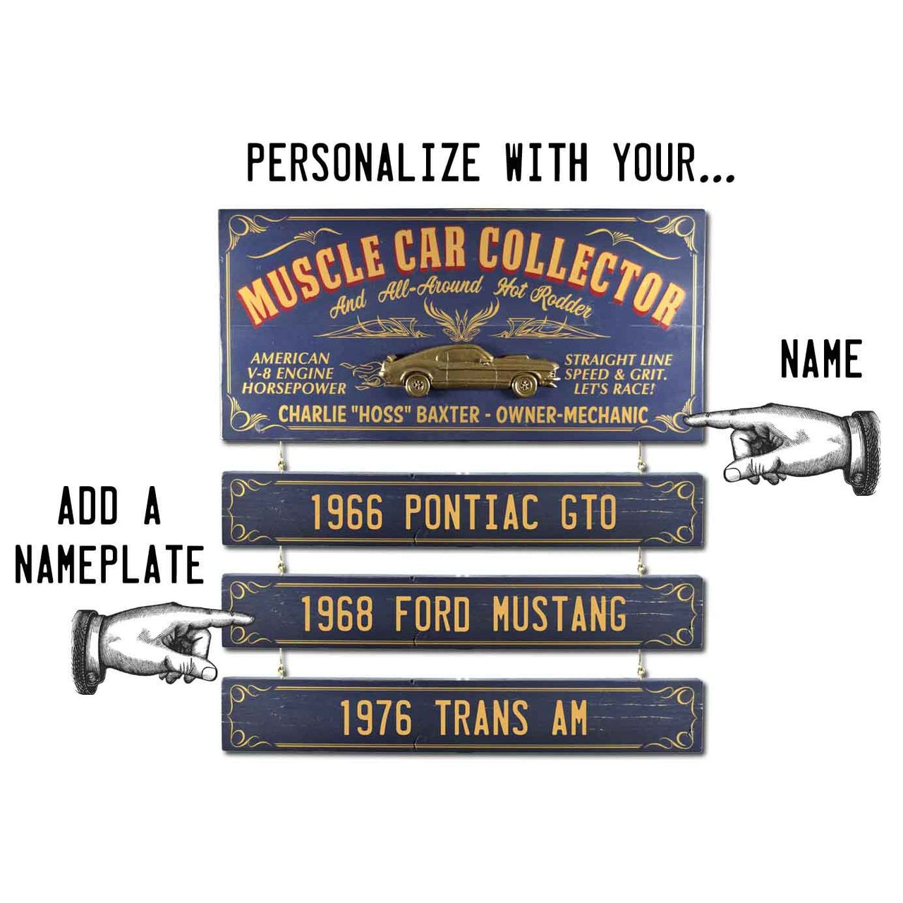 Blue and gold sign for Muscle Car Collector; raised image of car; customize name and hanging boards with car names
