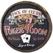 quarter barrel wood sign; poker room; jack of clubs