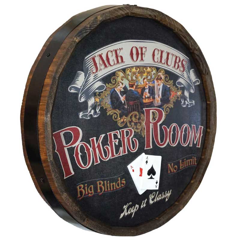 cut top of barrel wood sign; poker room