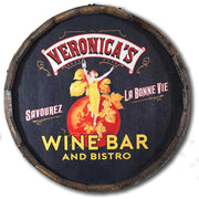 Wine and Bistro sign; cut to of a wine barrel; wood