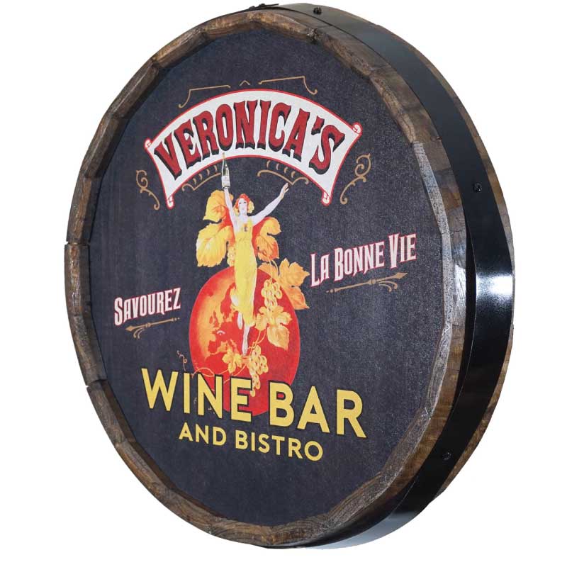 Wine and Bistro sign; quarter barrel; wood