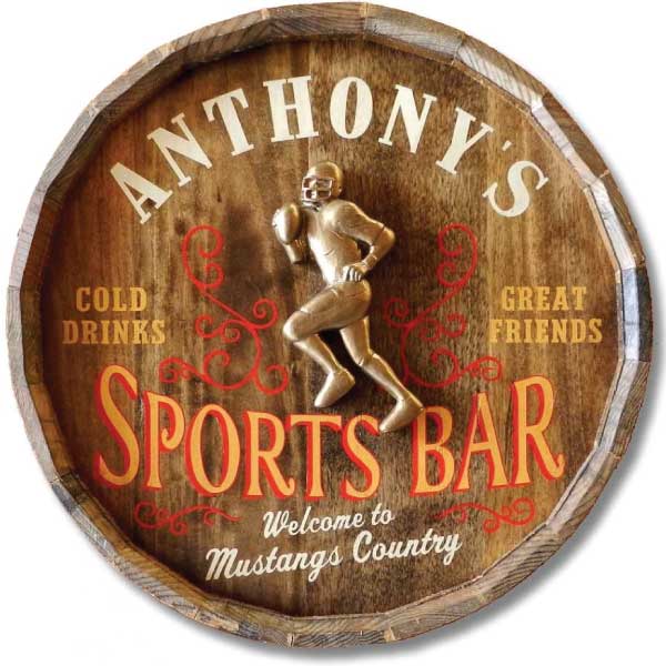 round barrel wood sign with 3D relief of football player and Sports Bar