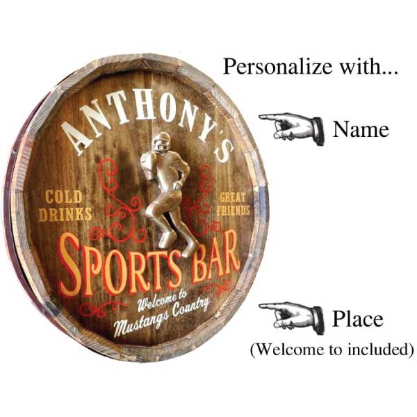 Personalize your own barrel  sign with 3D relief of football player and Sports Bar