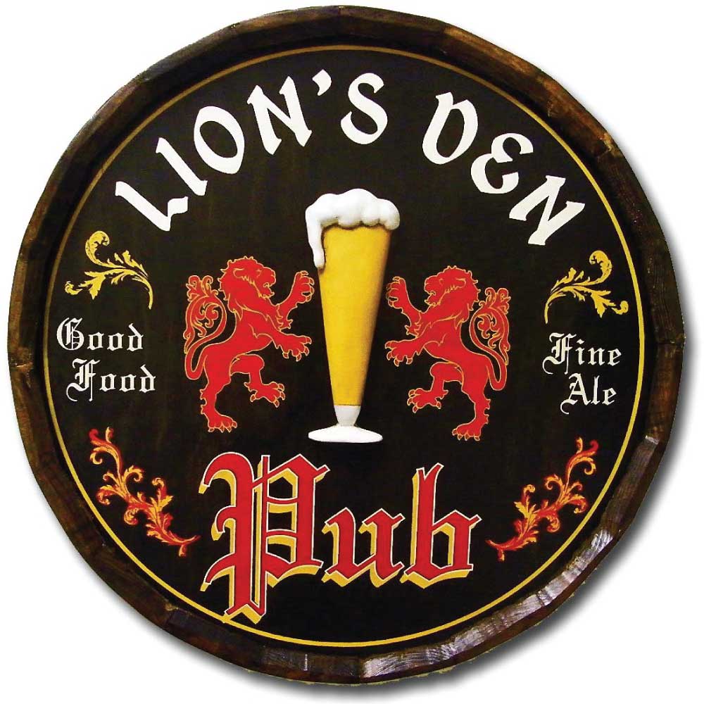 Lion's Den English Pub | Barrel Sign | 3D Relief | Personalize It!