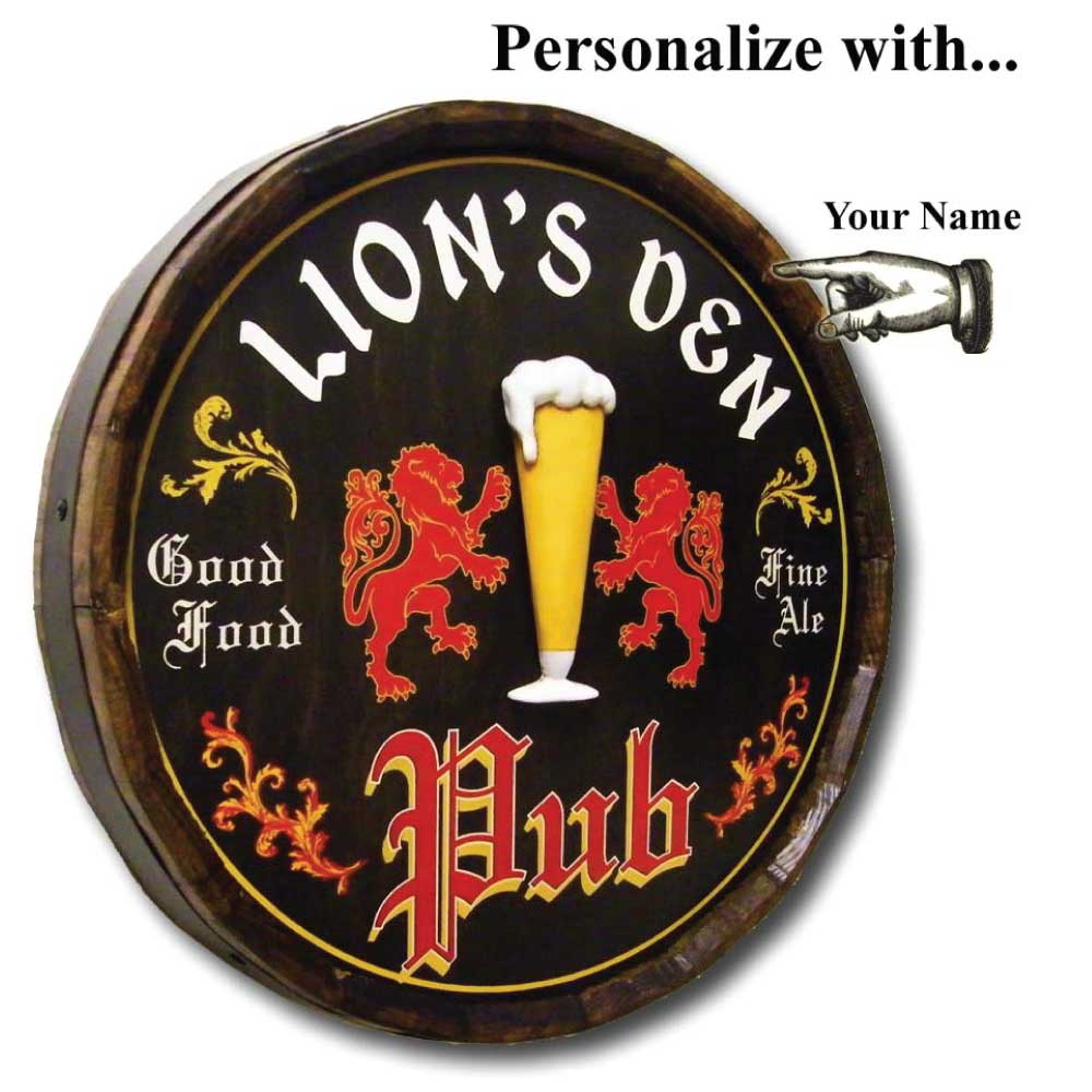 Lion's Den English Pub | Barrel Sign | 3D Relief | Personalize It!