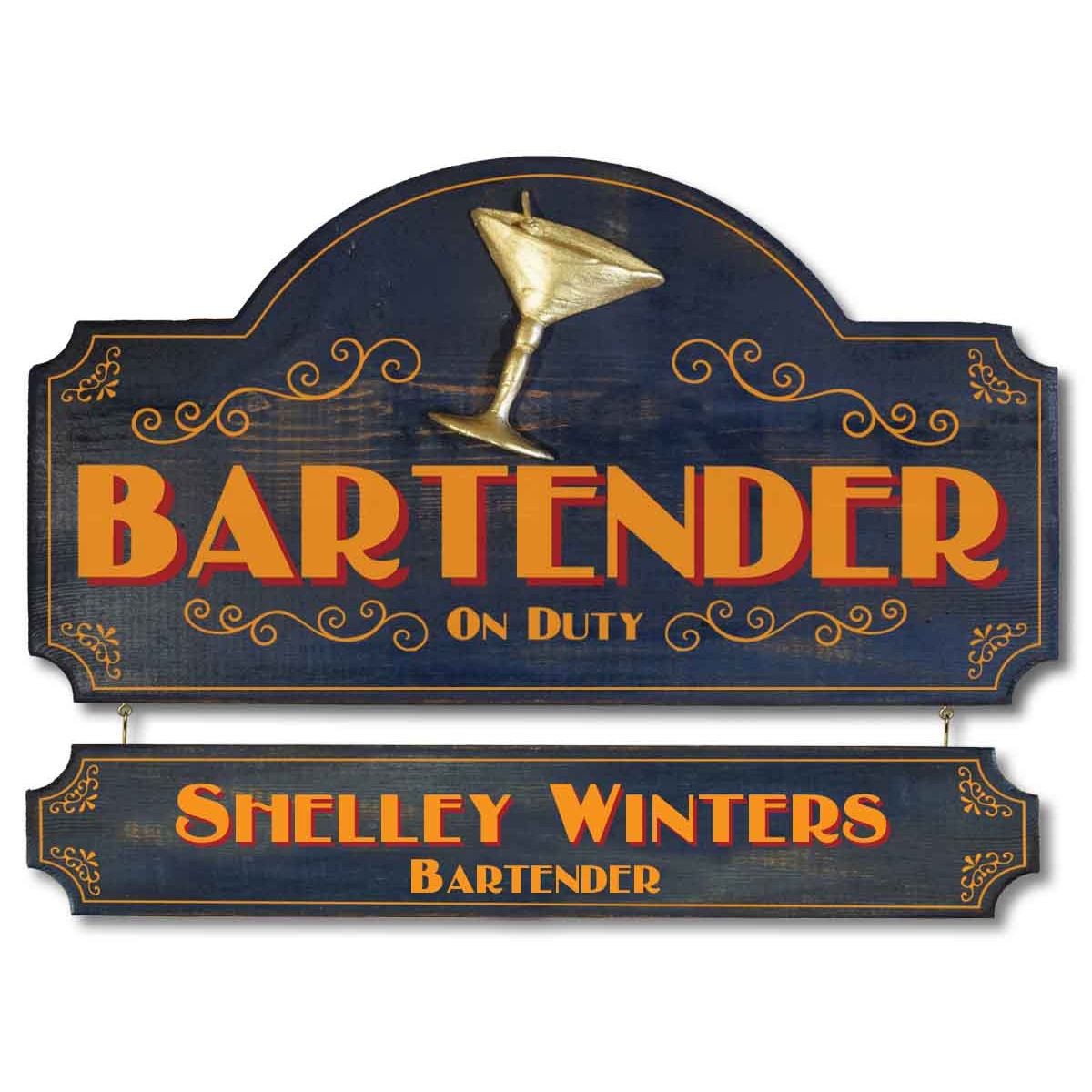 Bartender on duty wood sign cut to shape; blue with gold letters; custom nameplate