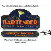 Add your name to "Bartender on duty" sign cut to shape; blue with gold letters