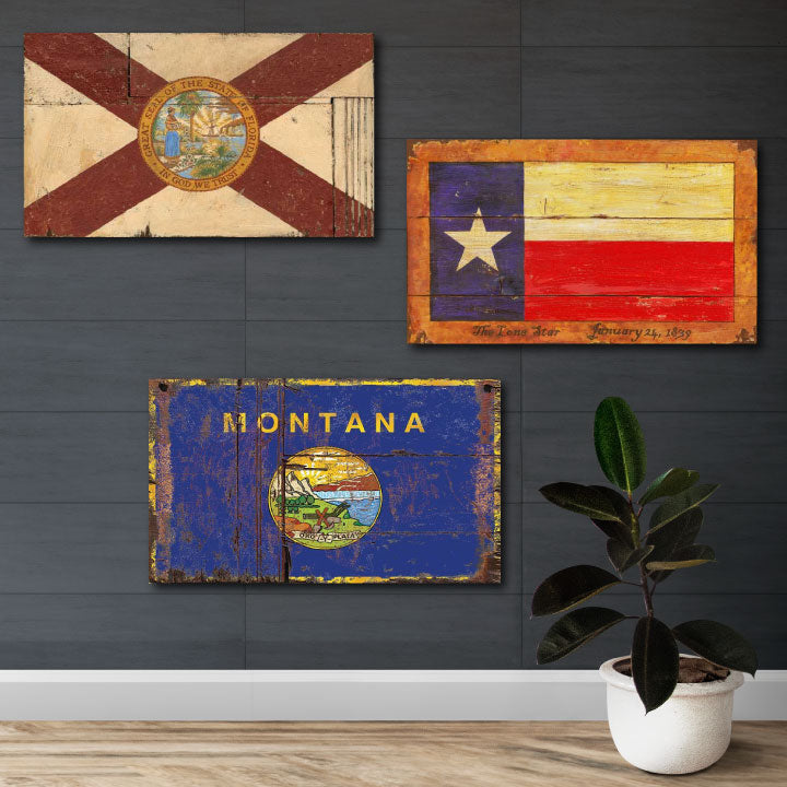 Stylish state flags on distressed wood for Florida, Texas and Montana
