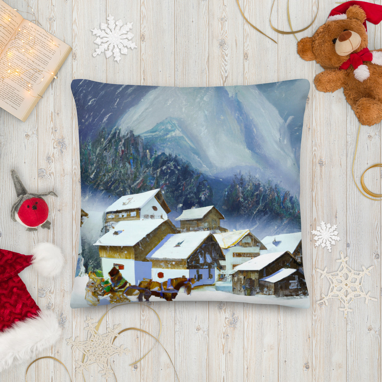 Bavarian-styled Village | Throw Pillow | Summer (front) | Winter (back)