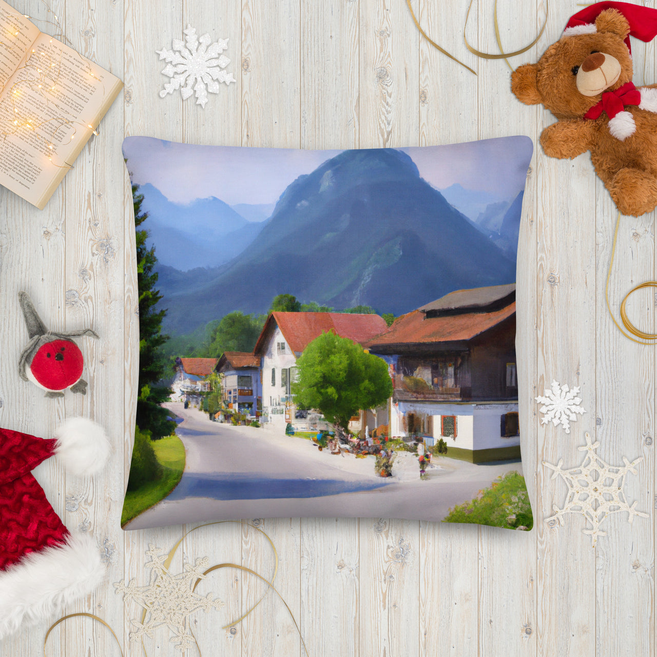 Bavarian-styled Village | Throw Pillow | Summer (front) | Winter (back)