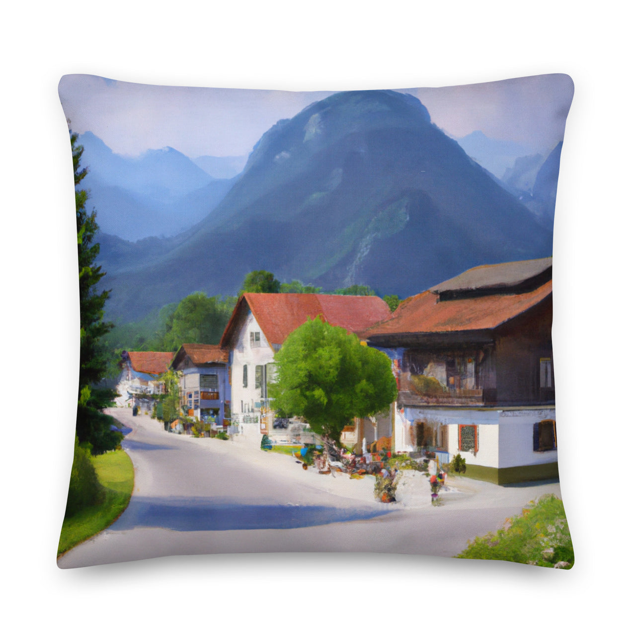 Bavarian-styled Village in Summer | Throw Pillow | Navy Blue (back)