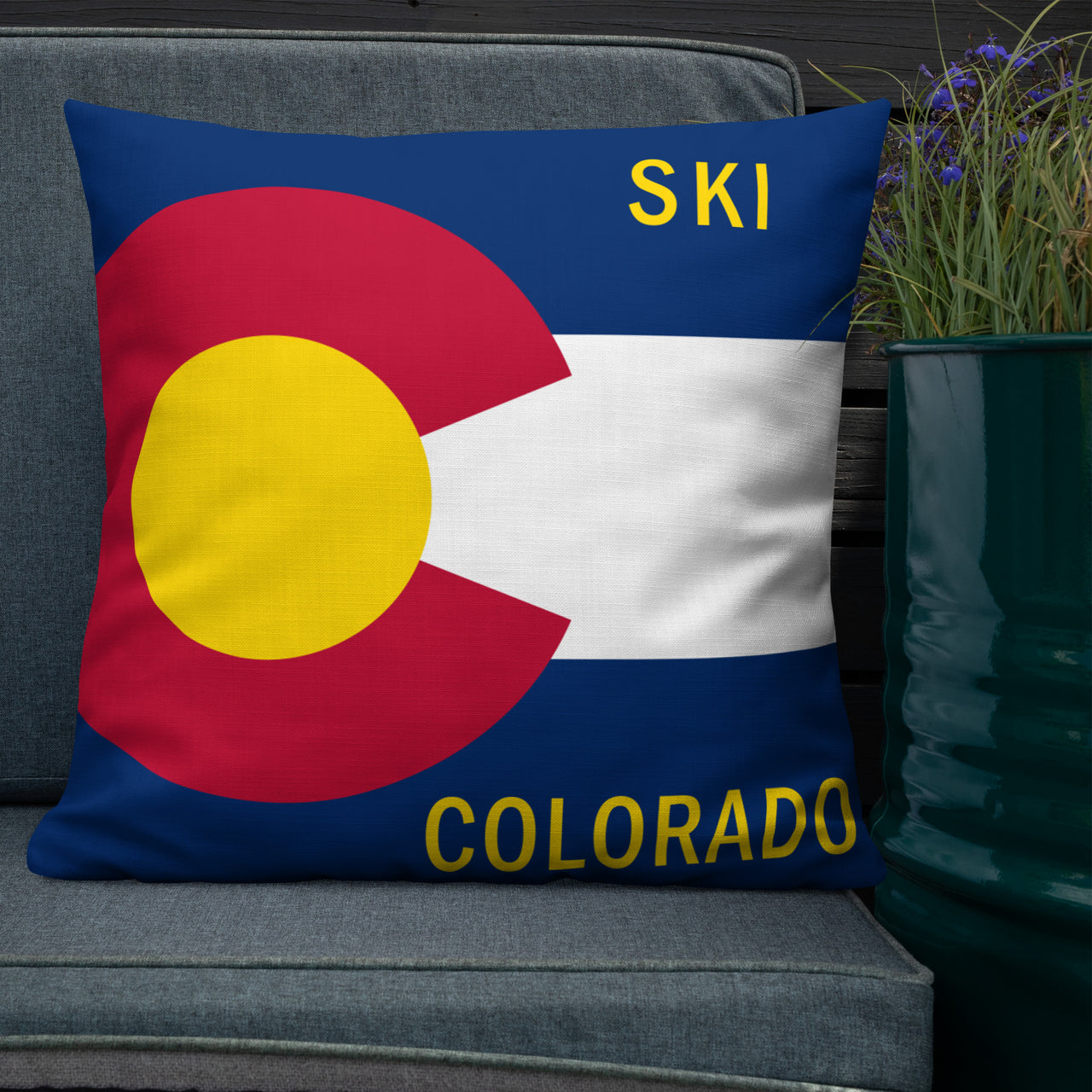 Ski Colorado | Colorado Flag | Throw Pillow | Solid Blue (back)