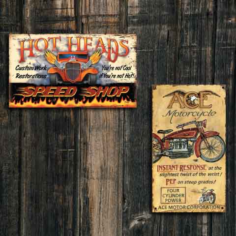 Vintage ad for Hot Heads Speed Shop and Ace Motorcycles on wood panel wall.