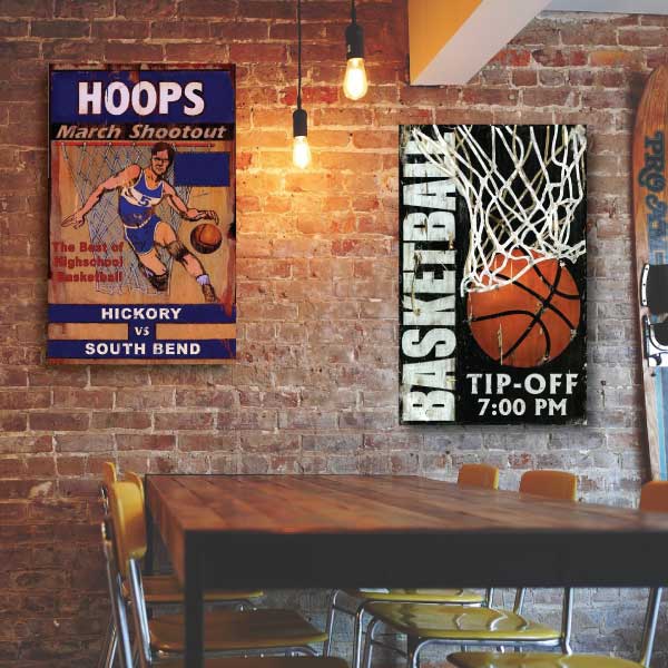 classic basketball wall decoration; hoops and tip-off wood signs; sports bar decor