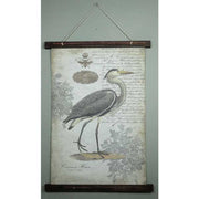 hanging wall art canvas tapestry depicting a Common Heron with decorative text in background