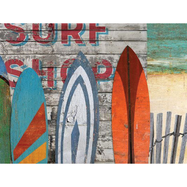 Beach surf shop wall art with colorful surfboards